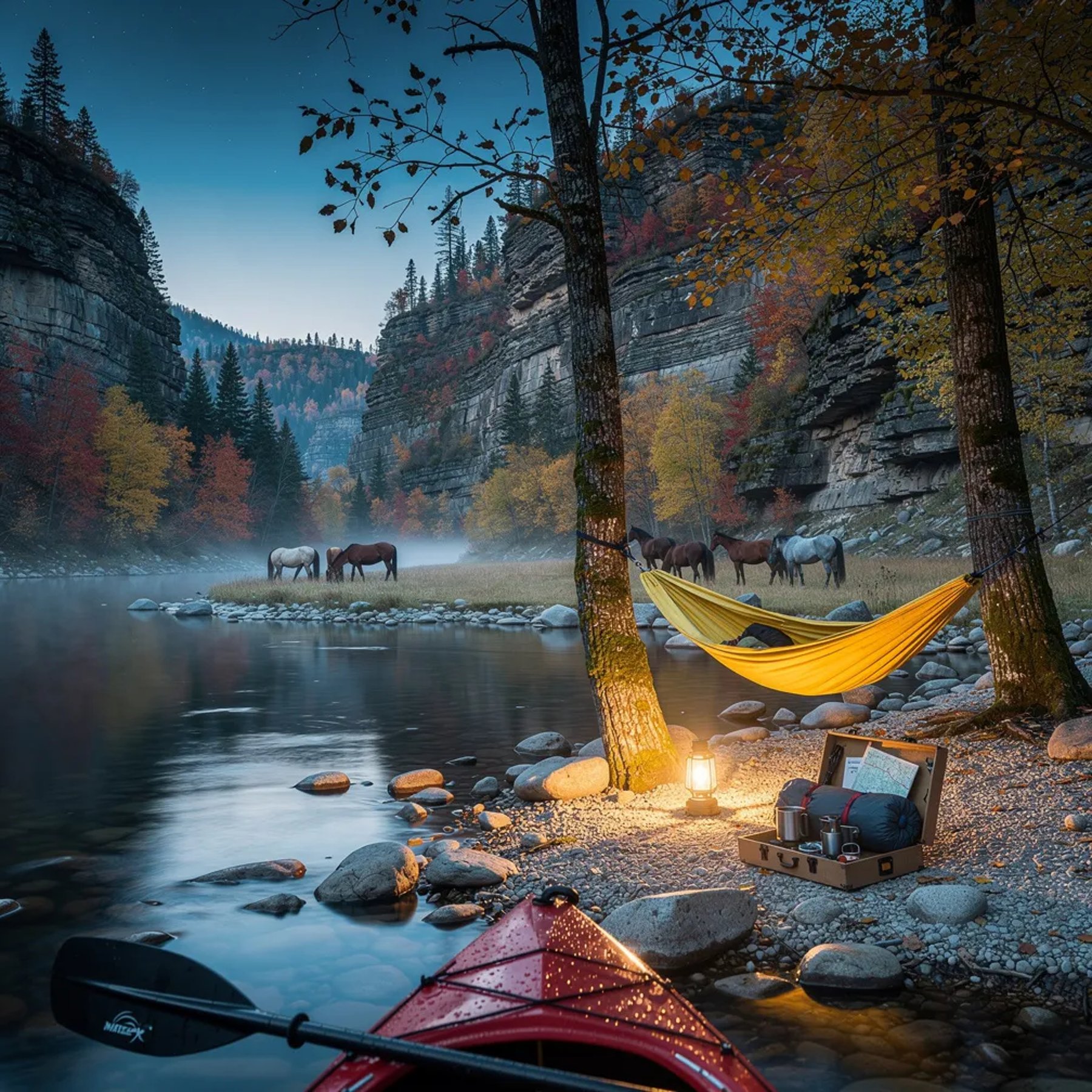A rocky river gorge glows in cool blue dusk, and the calm water mirrors the tall cliff walls. A bright yellow hammock hangs between two trees by the shore, with a small lantern shining beside neat camping gear on the gravel. Autumn trees frame the scene, and tiny stars peek out above. Far past the gorge, a quiet meadow holds a small herd of wild horses grazing.
