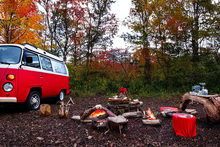 Two bright red campervans rest on a quiet dirt campsite in Upstate New York. A warm campfire glows between the vans, surrounded by logs, boulders, and fallen leaves. Golden autumn trees shine beneath the clear sunset sky.