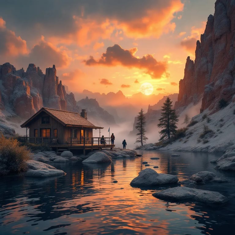 A cozy gray and orange cabin rests among the red cliffs of Bryce Canyon. Golden light shines through the foggy valley as hikers explore the stone slabs nearby. From a kayak, you can see a pale moon rising above the quiet campsite.