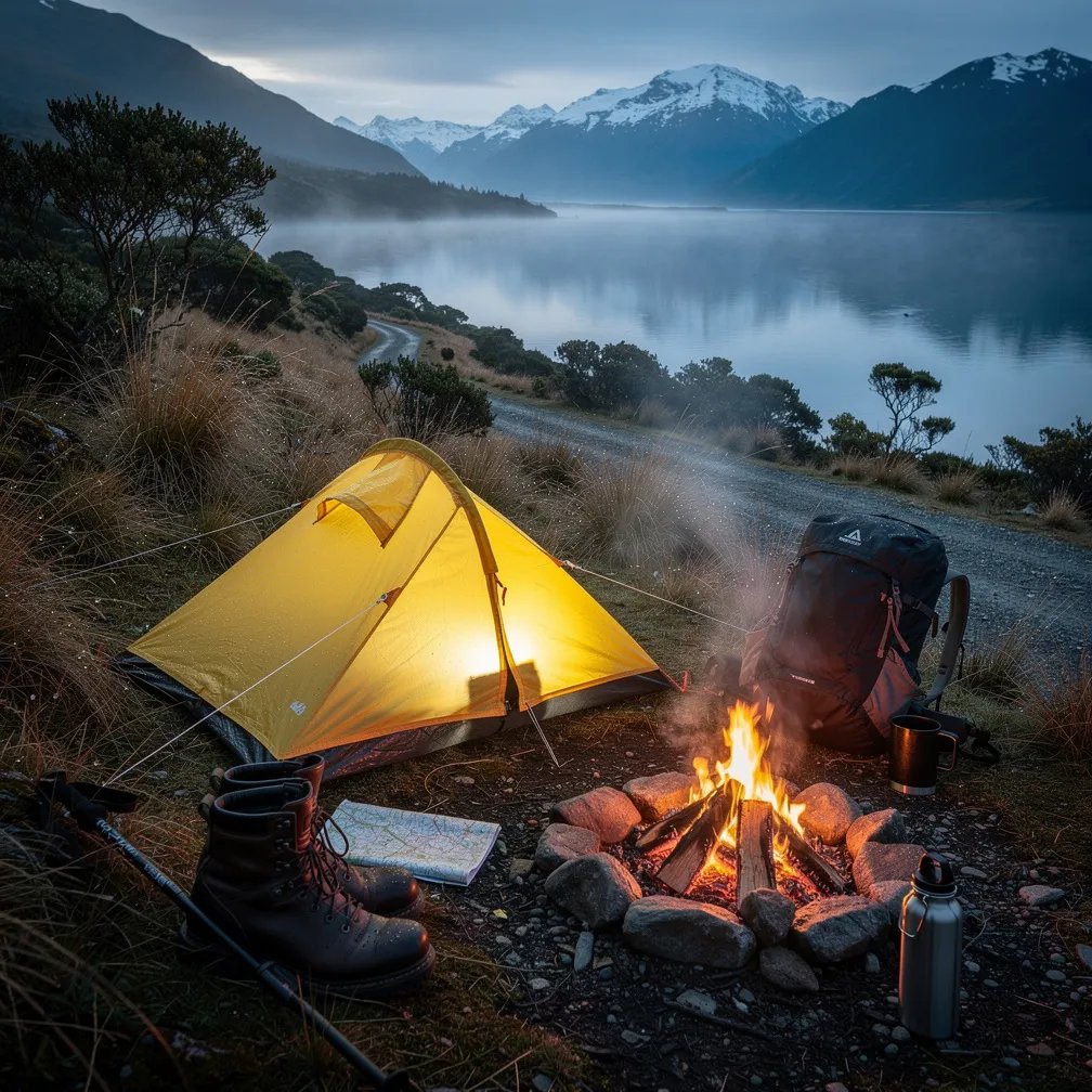 A quiet lake rests under blue dawn fog, with soft mountains fading in the distance. A bright yellow bivy sits on wet ground, glowing gently from a flashlight inside. A small campfire flickers nearby, warming the boots and gear as mist drifts through the grass.
