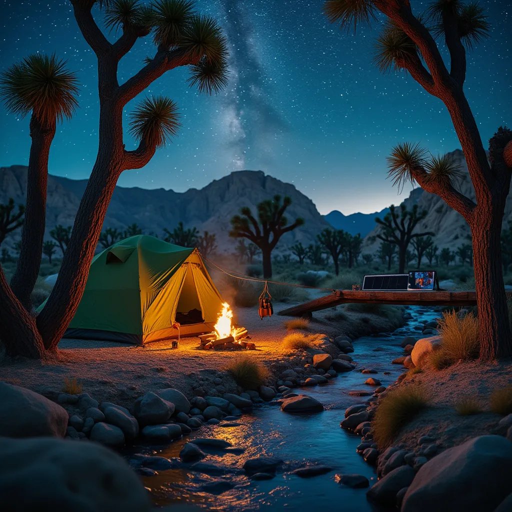 A green and tan tent rests beneath Joshua trees under a sky full of bright stars. A warm campfire glows beside a small stream, with a solar panel and binoculars nearby. The campsite is seen from a bridge on a breezy night.