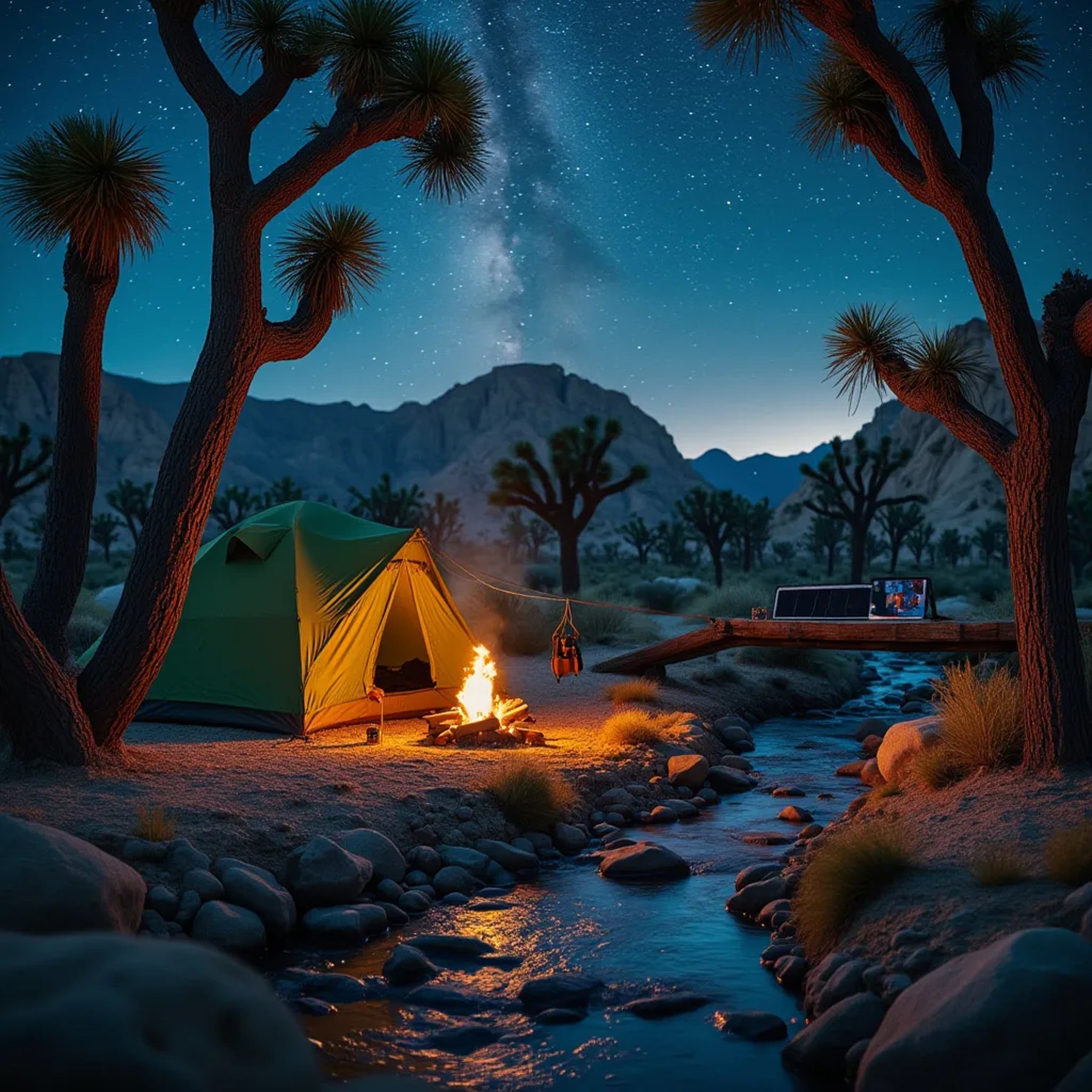A green and tan tent rests beneath Joshua trees under a sky full of bright stars. A warm campfire glows beside a small stream, with a solar panel and binoculars nearby. The campsite is seen from a bridge on a breezy night.