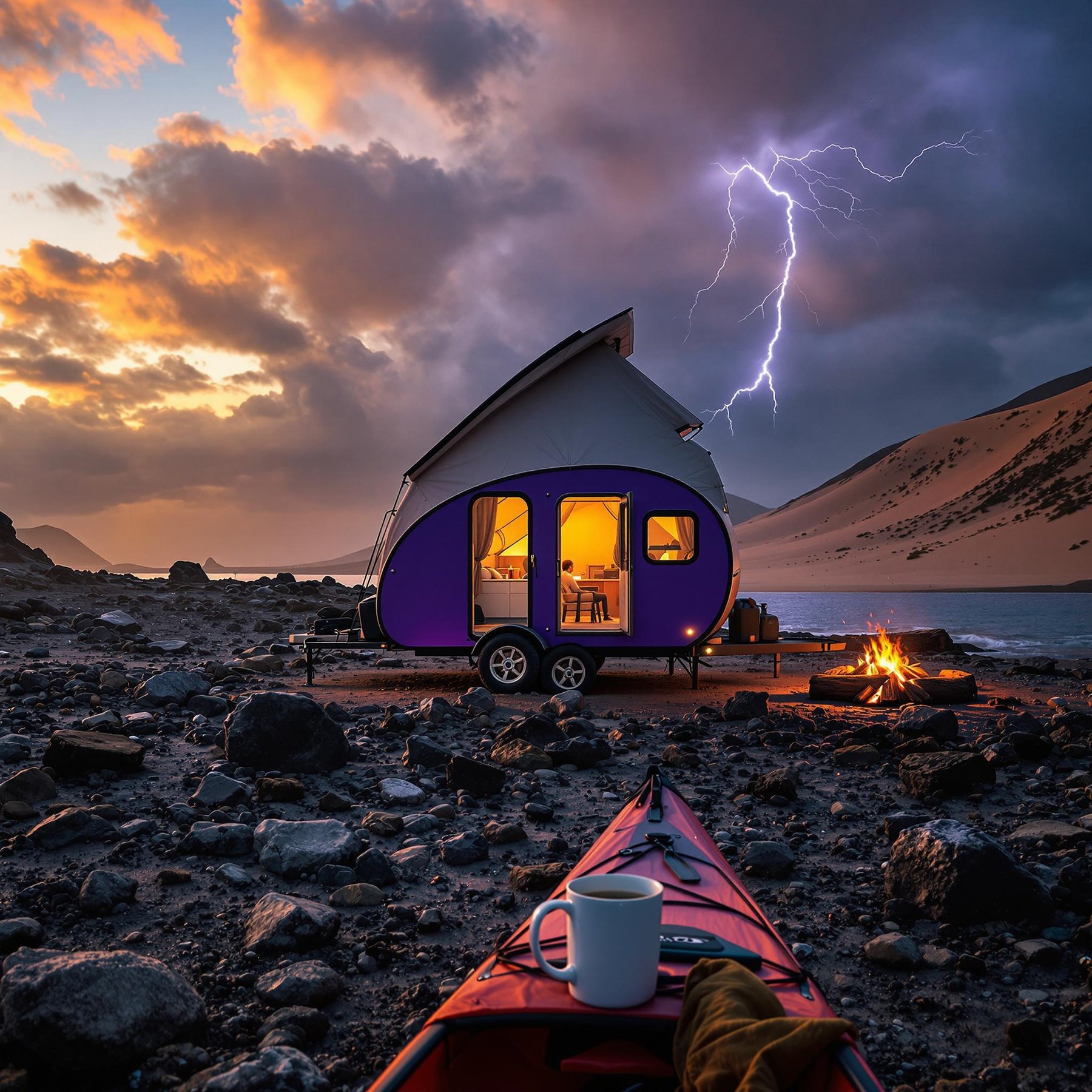 A purple teardrop trailer rests on rocky ground as golden light glows across the campsite. Hikers gather near a warm campfire, with a mug sitting on a nearby log. Seen from a kayak, the camp feels peaceful beneath a dramatic lightning-filled sky.