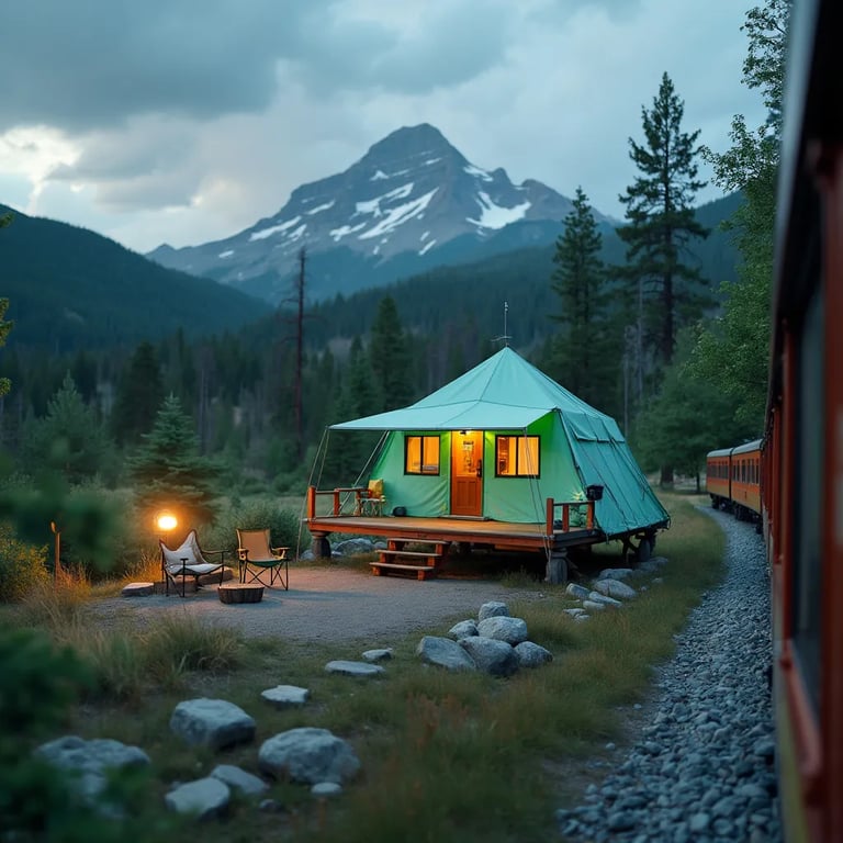 A mint-green treehouse campsite rests among ancient petrified trees at twilight. Camping chairs, a tent, and patches of stone gravel sit beneath cloudy skies, with snowy mountains glowing in the distance.
