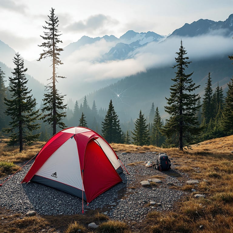 A red and white tent rests on a rocky patch beneath Colorado’s tall mountains. Morning fog drifts through the valley under a partly cloudy sky. A backpack sits nearby, while a delicate spider web stretches between two trees.
