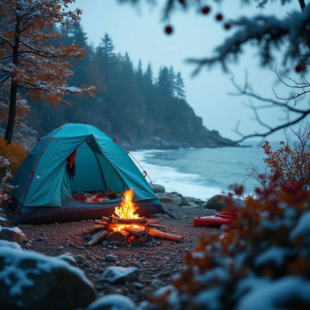 A teal bivy sack rests on a quiet beach beside the ocean at blue hour. Snow falls around colorful autumn trees, a warm campfire, and a kayak on the shore. A berry-covered bush adds a bright touch to this peaceful campsite.