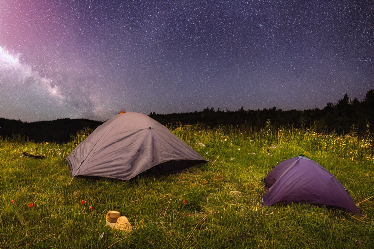 A cozy tent sits on a snowy mountain under the night sky. A warm campfire glows in a ring of stones, surrounded by tall grass, flowers, and thick bushes.