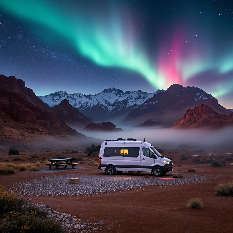 A cozy camper van sits under colorful northern lights with tall red mountains all around. Snowy peaks shine in the distance, and soft mist lies over the quiet, sandy ground. This campsite feels magical and peaceful.