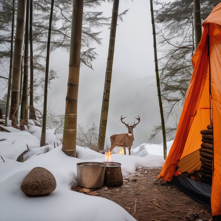An orange tarp shelter rests deep in a misty bamboo forest. A cooler, campfire, and large log sit among smooth boulders, while a deer watches from afar. Beyond the trees, a snowy mountain peak rises through the soft morning haze.