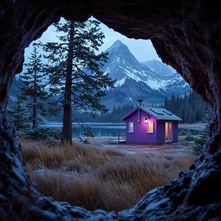 A purple cabin rests in tall grass beneath a snowy Montana mountain. Seen from a cave, the campsite glows with a lantern as sleet falls softly. The quiet lake reflects the scene, while a bird’s nest rests in a nearby tree.