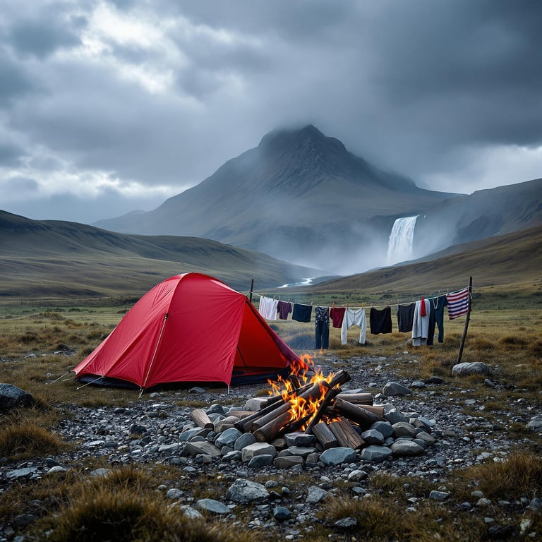 A bright red tent sits snugly in a grassy field with a roaring campfire nearby, as a majestic waterfall tumbles down from a misty mountain. Clothes gently sway on a line, dancing to the whispers of the cool breeze. The cloudy sky adds a touch of mystery, framing this cozy campsite in nature’s quiet embrace.