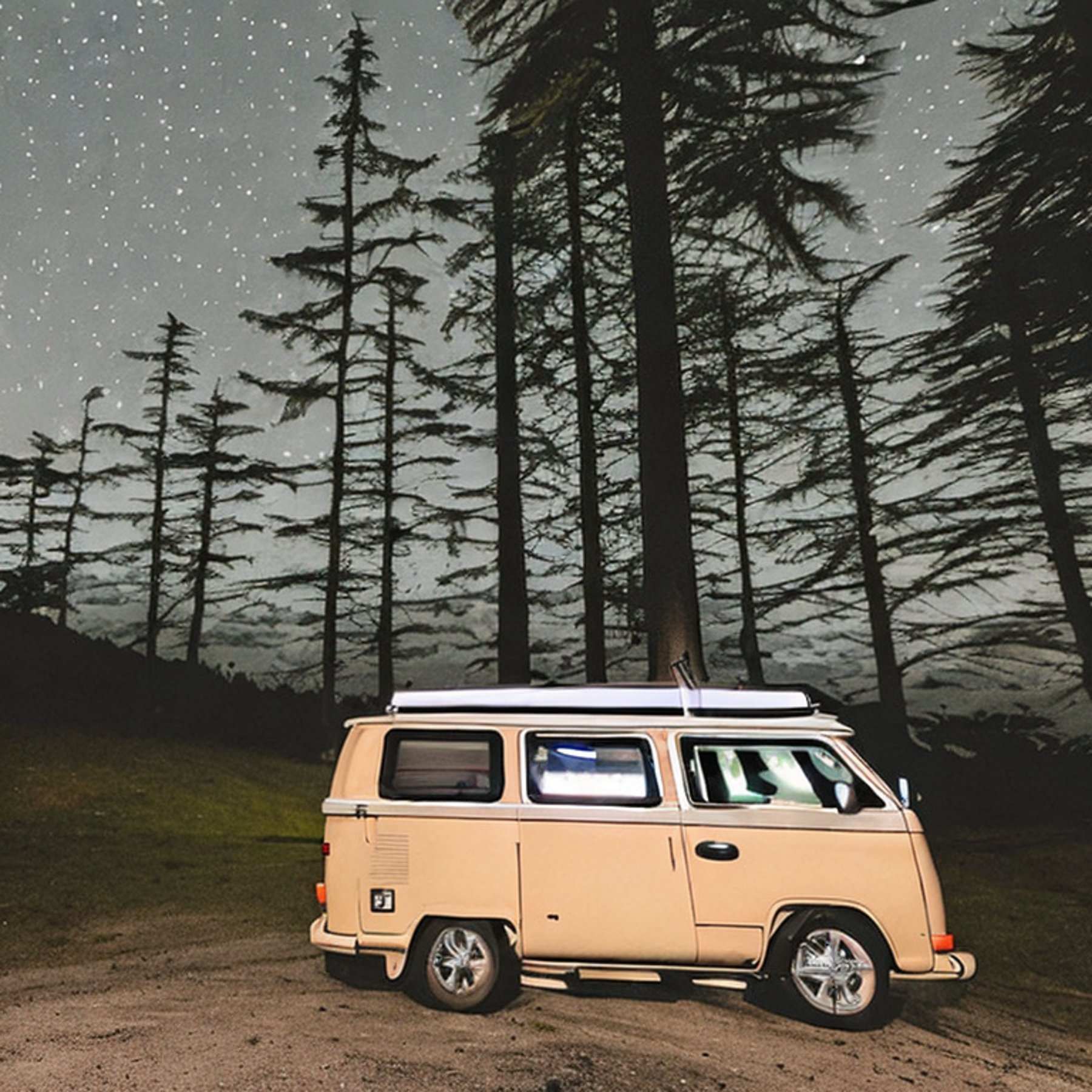 A tan campervan rests on a quiet paved campsite beneath a cloudy, star-filled sky. Ferns and mossy trees surround the dirt clearing, while a distant camper’s flashlight adds a warm glow.