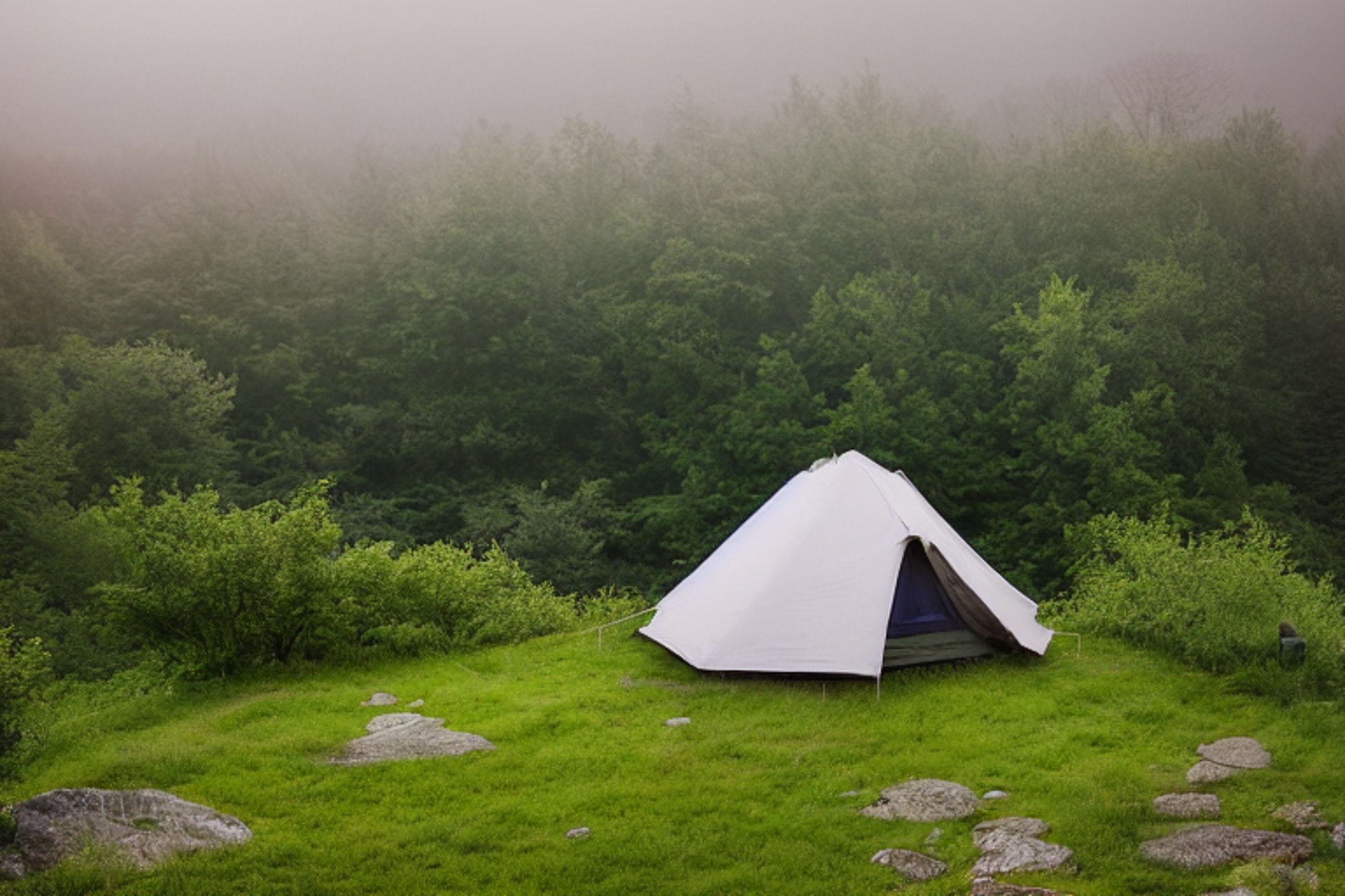 A cozy two-person tent rests on a dirt patch at a quiet campsite in Upstate New York. Rocky ground, large stone slabs, and tall grass surround the tent, while mossy trees fade into the soft evening fog.