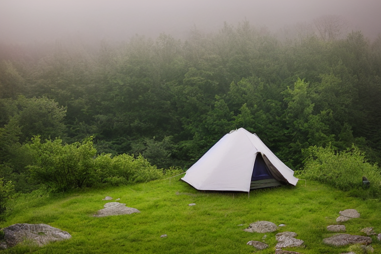 A cozy two-person tent rests on a dirt patch at a quiet campsite in Upstate New York. Rocky ground, large stone slabs, and tall grass surround the tent, while mossy trees fade into the soft evening fog.