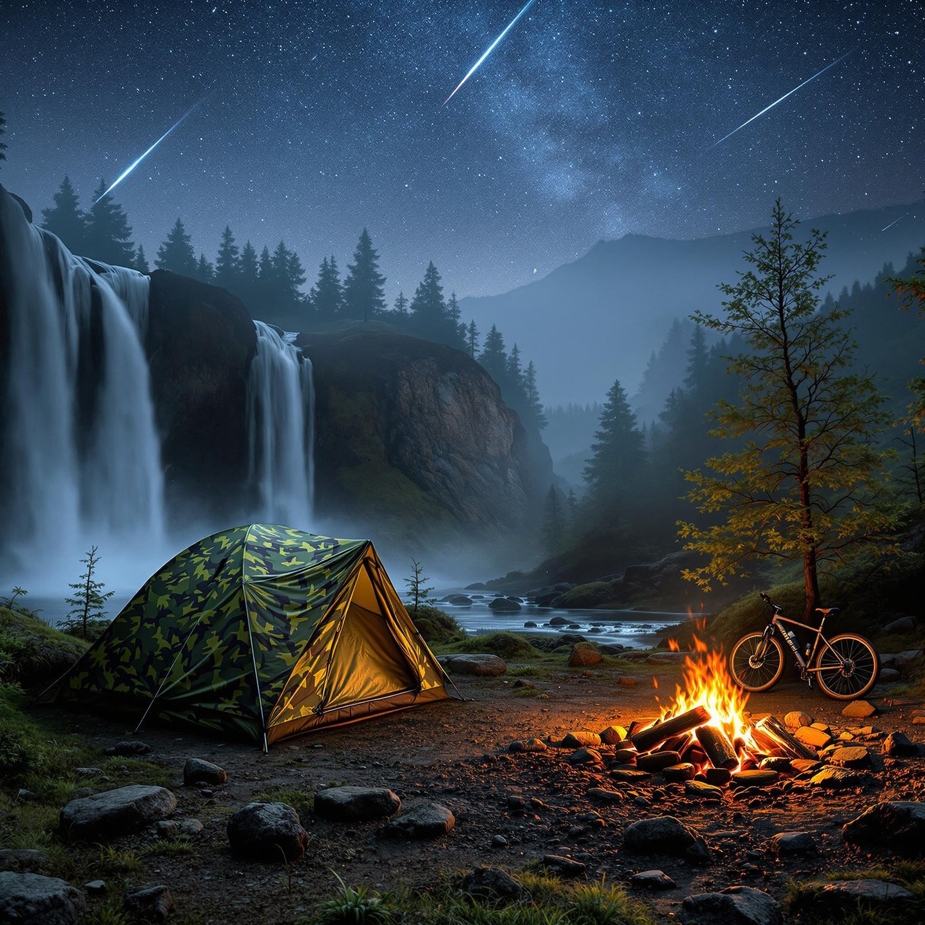 Under a starry sky, a cozy tent sits near a roaring waterfall, with a warm campfire crackling nearby. Tall trees whisper in the gentle breeze as a bike rests against a tree, ready for adventure. It's a magical night where nature feels like a dream.