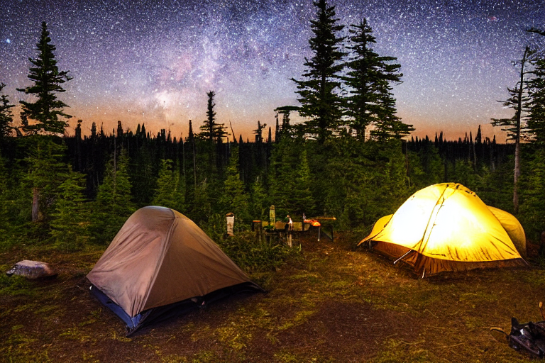 A black tent rests on a quiet dirt campsite beneath a cloudy, star-filled sky. A warm campfire glows beside the picnic table, while a distant camper’s flashlight shines through the night.