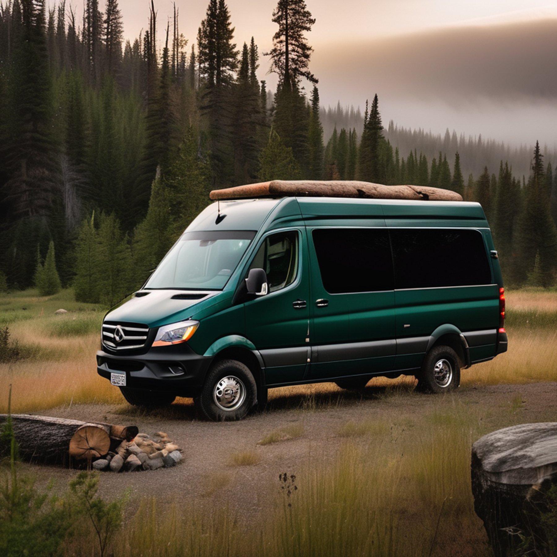 A forest-green camper van rests at a quiet campsite in Montana as fog drifts through the bushes. A warm campfire glows beside the van, surrounded by stones and logs. Overgrown grass and a dirt clearing give the scene a wild, peaceful feel.