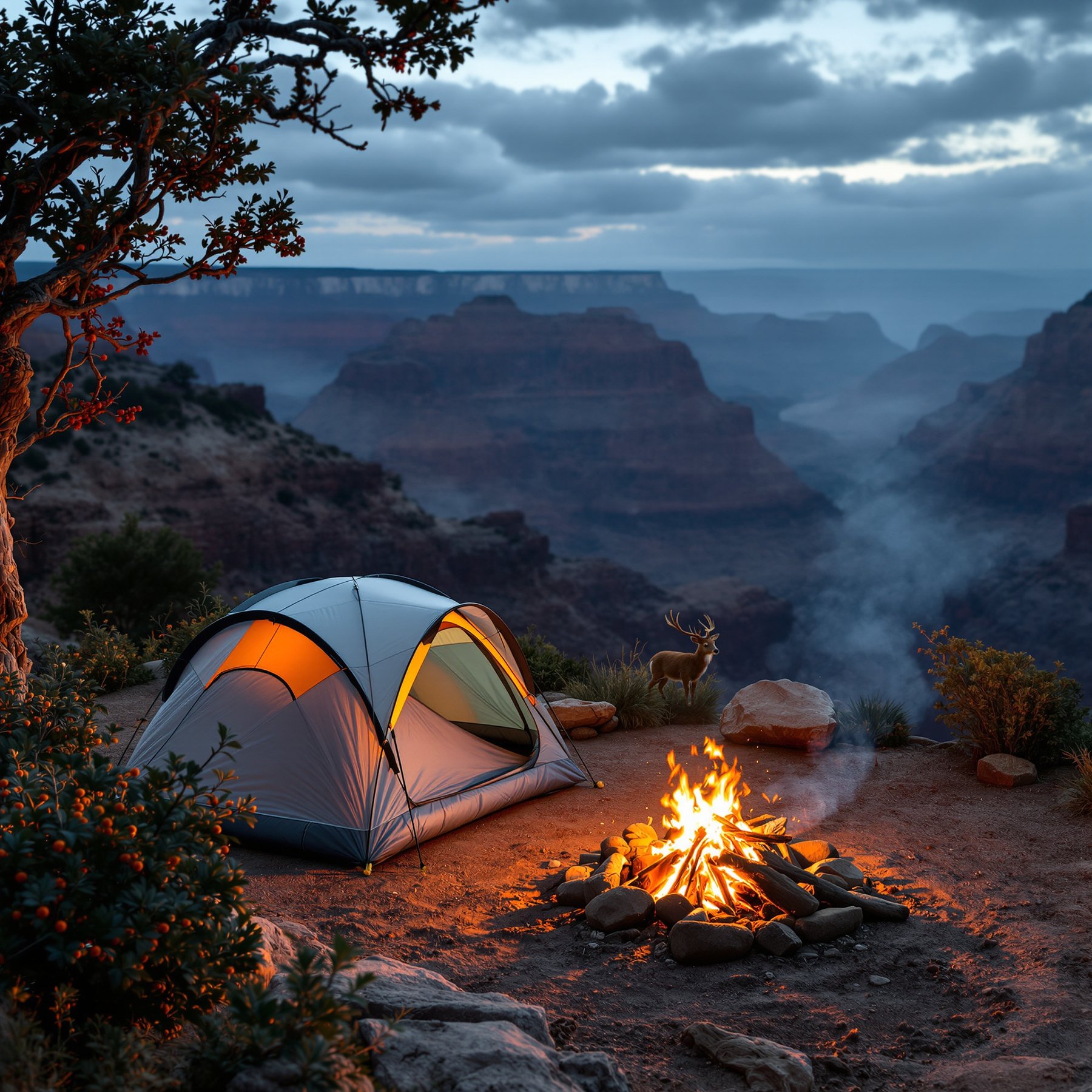 This cozy campsite sits on the edge of a canyon with a glowing campfire and a tent ready for adventure. The sky is dreamy and blue, and a deer stands nearby, making it feel wild and peaceful. It’s the perfect place for stargazing and telling stories.