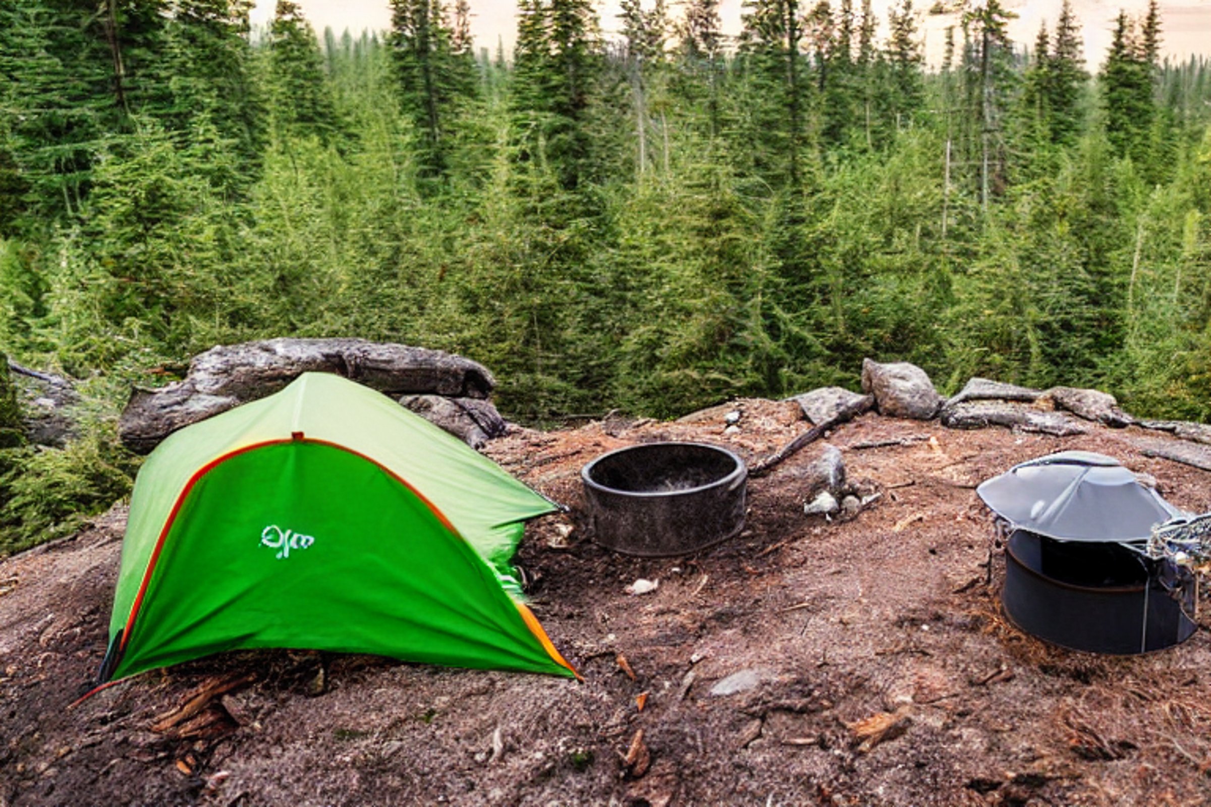 A green tent rests on a mountain campsite as the sun fades. A warm campfire glows among the stones, with a lantern and large log nearby. Bushes surround the dirt clearing beneath the clear evening sky.