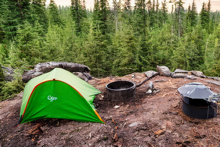 A green tent rests on a mountain campsite as the sun fades. A warm campfire glows among the stones, with a lantern and large log nearby. Bushes surround the dirt clearing beneath the clear evening sky.