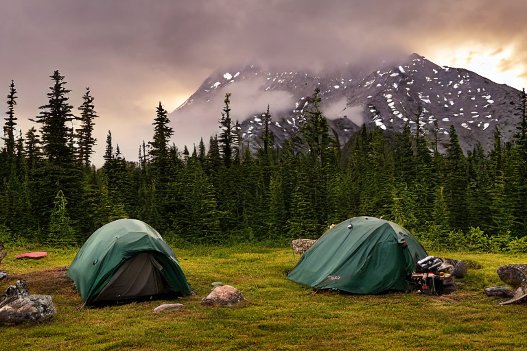 A green tent rests on a rocky dirt patch in the wild Alaskan landscape. Nearby, a campfire glows in the cool morning air as clouds drift overhead. Boulders and rough ground surround the campsite, with surfers adding a surprising touch to the scene.