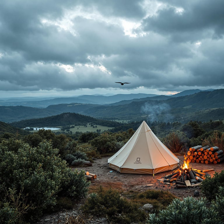 A cozy beige tent rests among ancient petrified trees and tall bushes. A small campfire and stacked firewood add warmth beneath stormy clouds, with rolling hills in the distance. A bird glides high overhead.