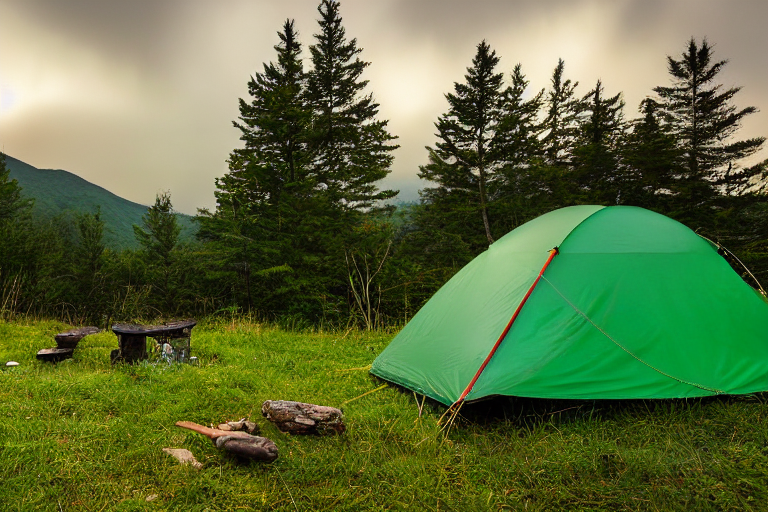 A green tent rests beside a glowing campfire in the Smoky Mountains. Tall grass, gravel, and a wooden guitar create a cozy campsite under cloudy night skies, with dark mountains rising in the distance.