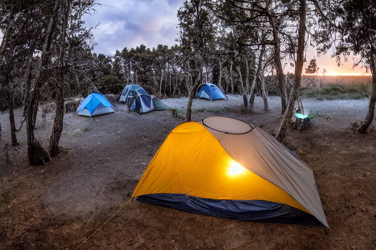 A cozy gray-and-blue tent rests on a dirt campsite near San Diego Beach. Tall grass, colorful fall trees, and a small stream surround the camp, while a lantern glows softly under the cloudy sunset sky.