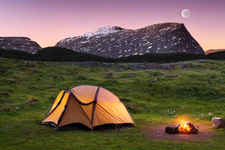 A cozy brown tent rests beside a warm campfire on a dirt patch in Norway. Rolling hills stretch into the distance under a clear sunset sky, with a moon rising above. A hiking path and nearby parking spot make this peaceful campsite easy to explore.