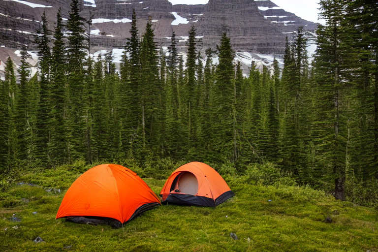 An orange tent rests beside a warm campfire in a mossy forest. Rain falls over the grassy campsite, with camping gear nearby and a person holding a flashlight in the distance.