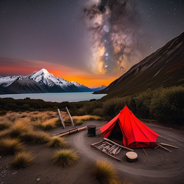 A red tent rests on a quiet dirt campsite beneath snowy mountain peaks. A warm campfire glows nearby, with a guitar on the ground and a deer wandering in the distance.