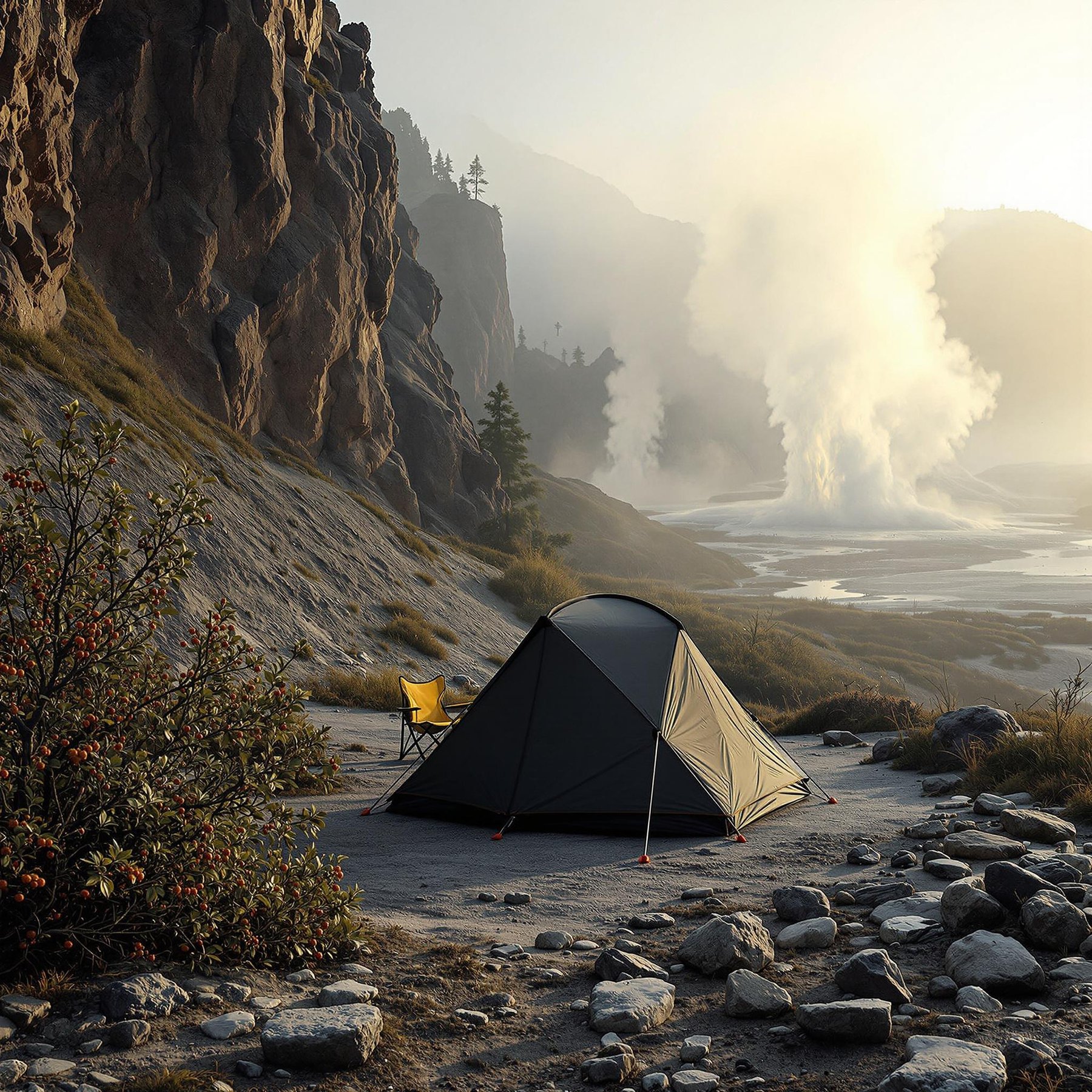 This campsite is nestled among towering cliffs with a steaming geyser in the distance, sending mist into the cool air. The rocky terrain and wild bushes create an adventurous atmosphere perfect for explorers. The gentle light of dawn gives everything a soft, golden glow.