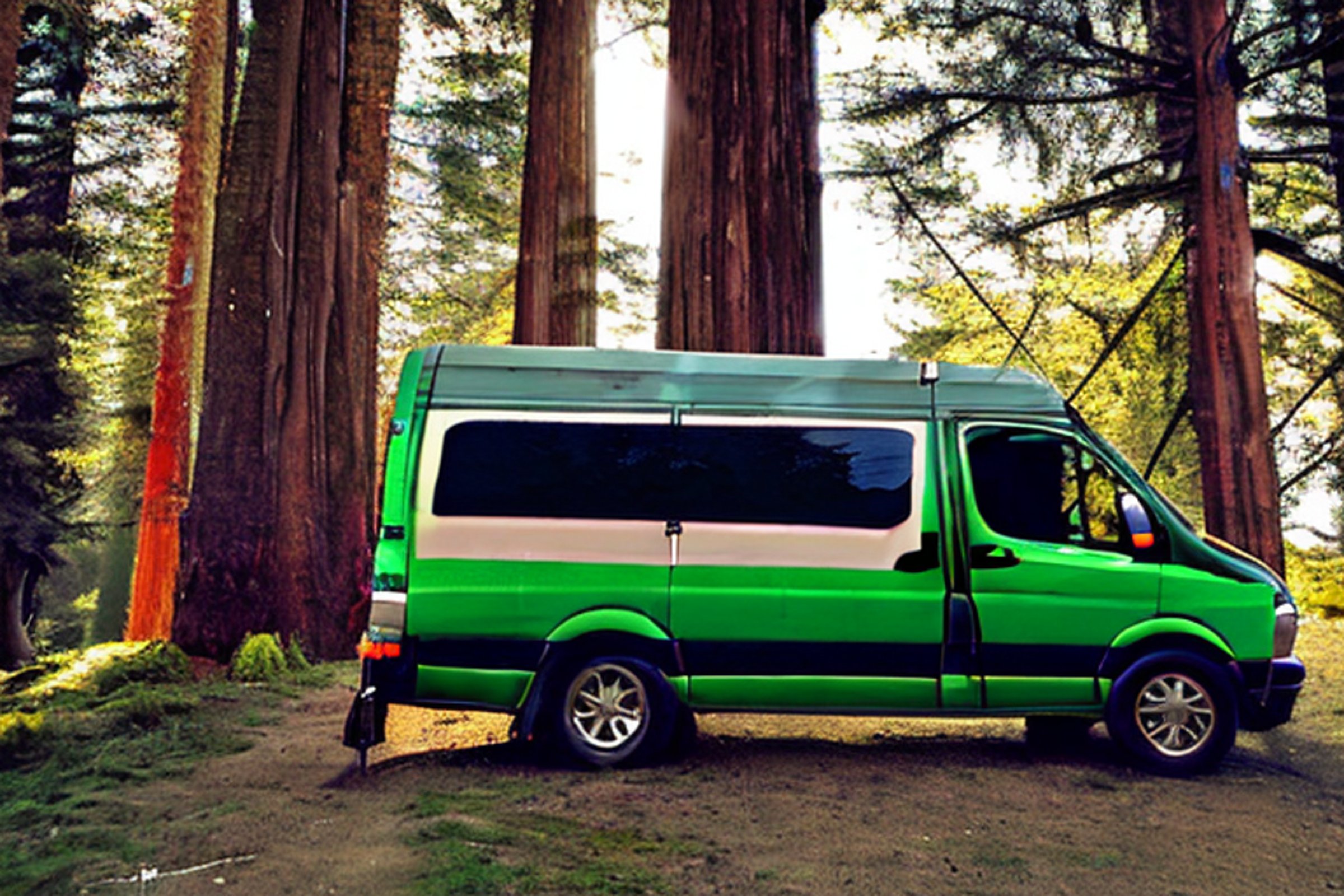 A green and tan camper van rests at a quiet campsite beneath a star-filled sky. Snow dusts the tall trees and ferns, while a wooden guitar lies near the dirt fire spot. A deer stands far away in the peaceful Big Sur night.