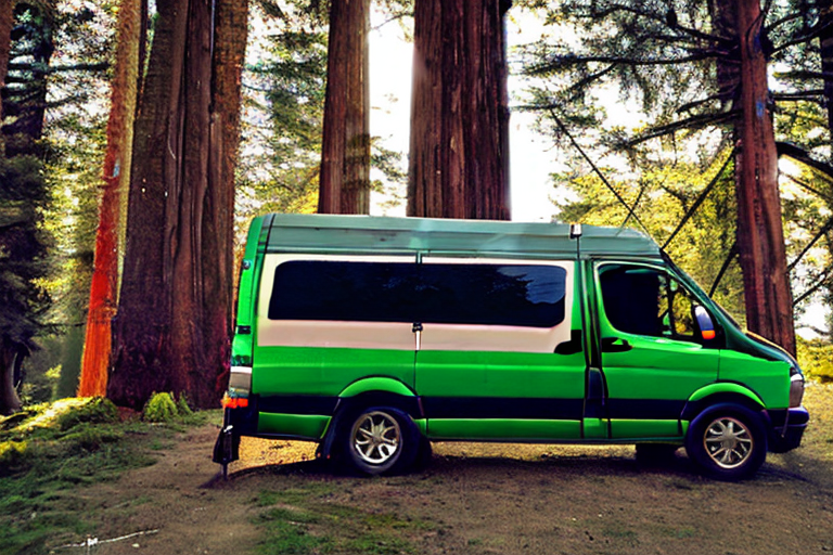 A green and tan camper van rests at a quiet campsite beneath a star-filled sky. Snow dusts the tall trees and ferns, while a wooden guitar lies near the dirt fire spot. A deer stands far away in the peaceful Big Sur night.