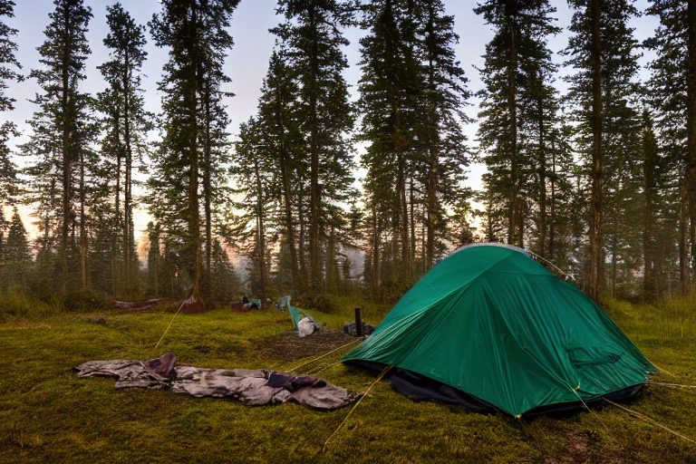 A green tent rests on a quiet dirt clearing along the Maine coast. Tall trees, fallen leaves, and a clothesline surround the campsite as soft fog drifts through the night. Bright northern lights glow above the forest.