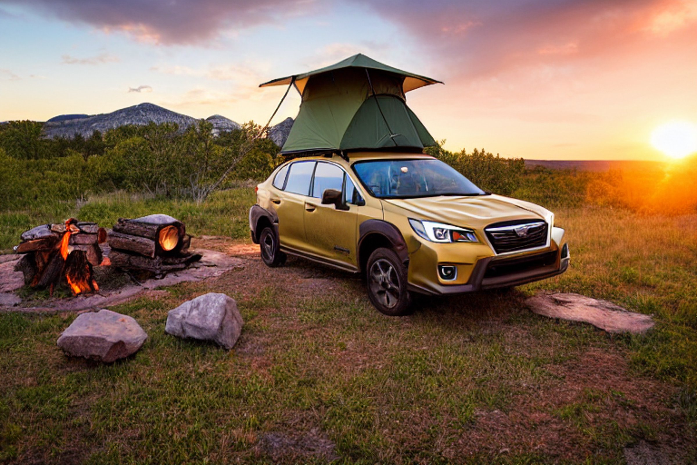 A green Subaru with a rooftop tent rests in a quiet Colorado campsite. Rainy sunset light shines over the dirt, tall grass, and scattered boulders. Nearby, a campfire glows inside a ring of stones.