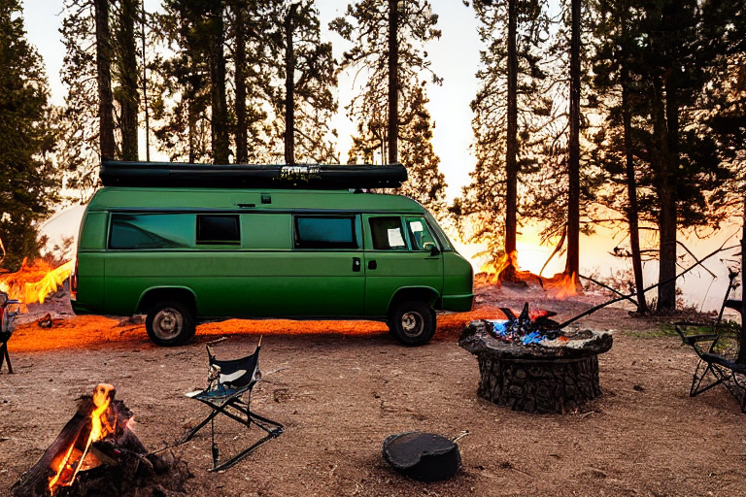 A green van rests beside a warm campfire on the California coast. Sunset colors fill the clear sky as birds fly overhead, and a gentle stream winds through the campsite. Silhouetted campers enjoy the peaceful evening.