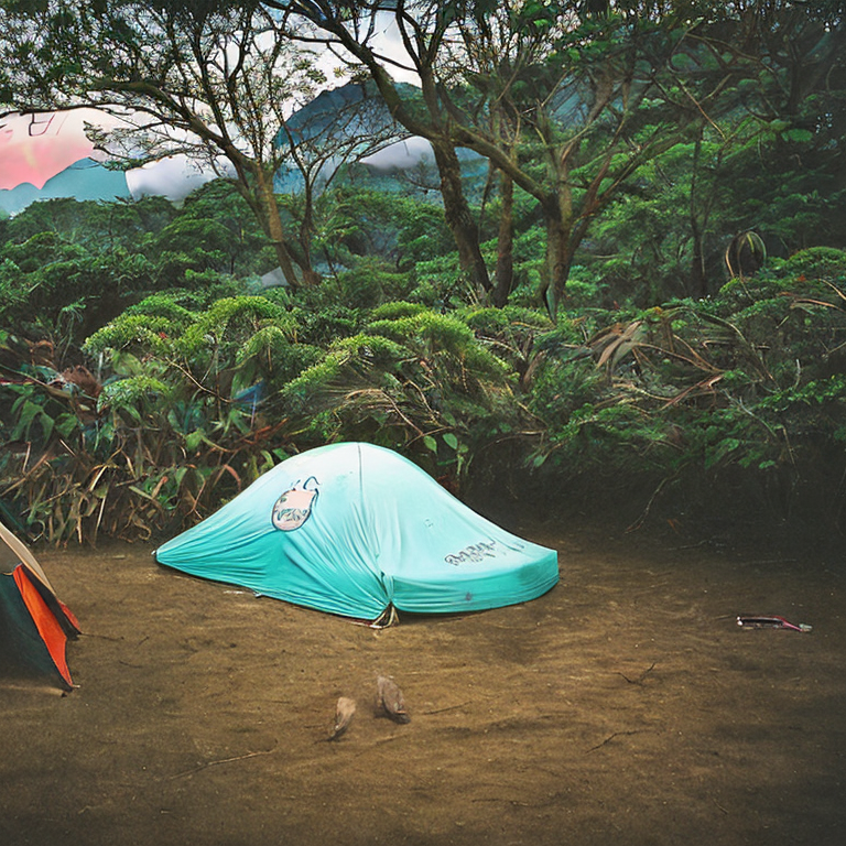 A teal tent rests on a dirt clearing in Soufrière, surrounded by thick green bushes. A warm campfire glows nearby, with clothes drying on a line and camping gear in a box. Stormy sunset clouds fill the sky, while a deer stands quietly in the distance.