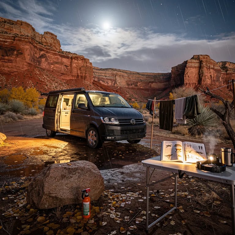 Red sandstone cliffs rise over a quiet desert camp after the storm, with the ground dark and wet under a cold moon. A gray camper van glows warmly inside beside a small table where a headlamp lights an open book. A few damp clothes hang on a line, and tiny sleet flakes drift through the night air.
