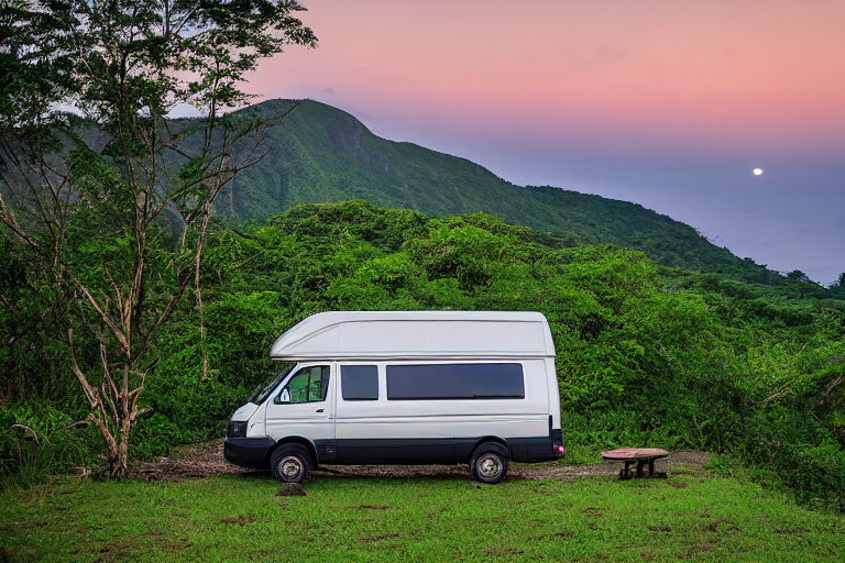 A forest-green van rests on a quiet dirt campsite in Soufrière, St. Lucia. Rolling hills, small trees, and a large rock surround the camp, while a pale moon glows through the snowy dusk.