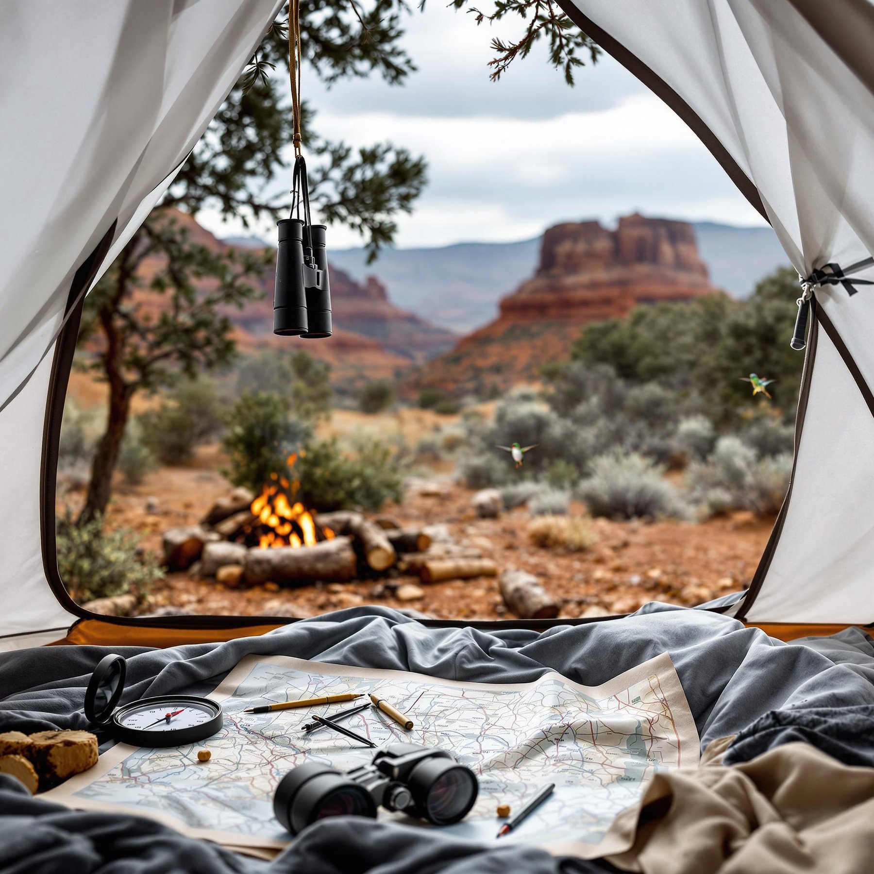 A cozy campsite sits under a wide, open sky with a warm campfire flickering in the desert air. The view from the tent shows towering red rock formations and lush green shrubs all around. It's a perfect spot for adventure and discovering nature's wonders.