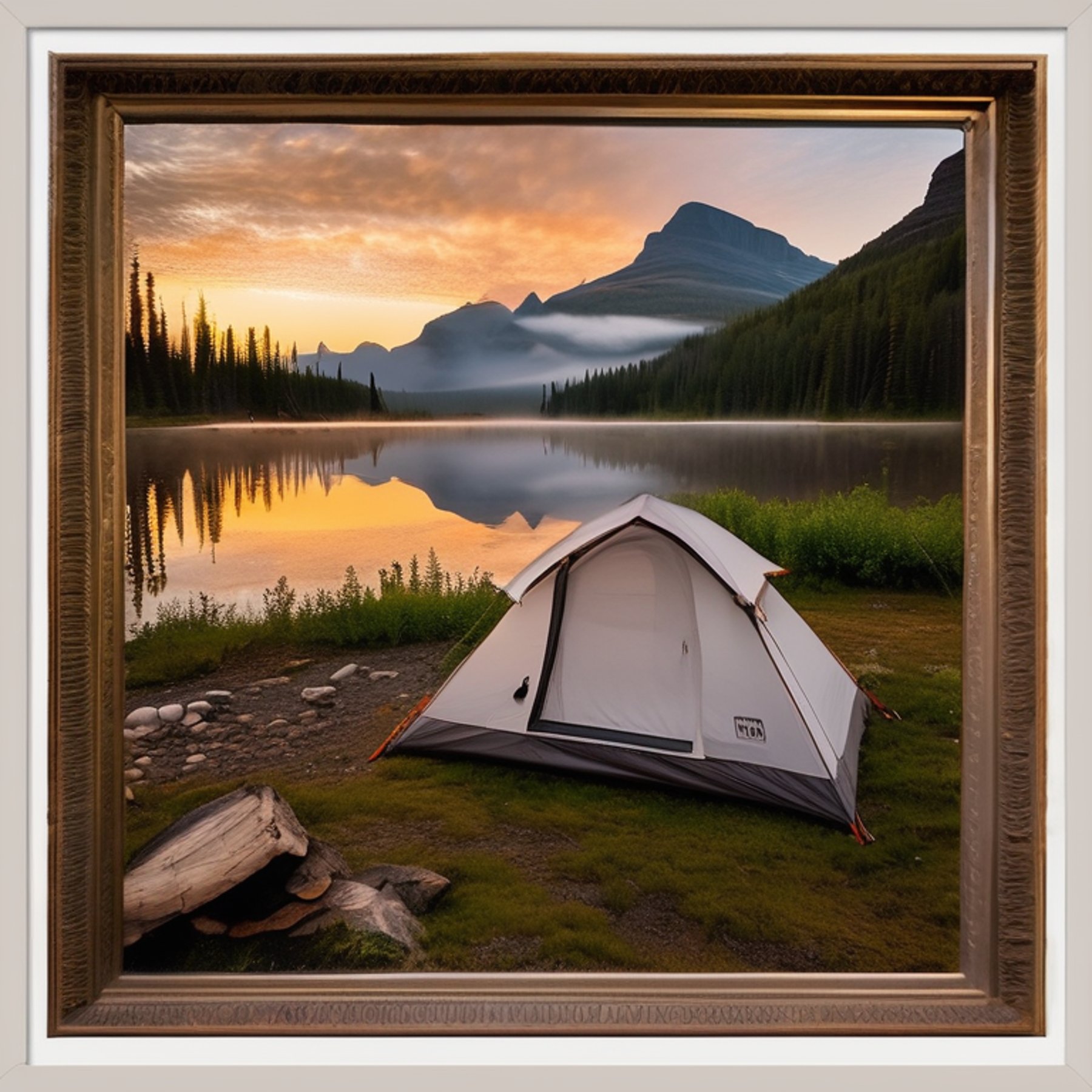 A white tent rests on a quiet dirt campsite in Glacier National Park. A clear stream winds past the campfire and scattered logs, while a backpack sits nearby. Soft golden light shines through the fog, with large rocks and wild nature all around.