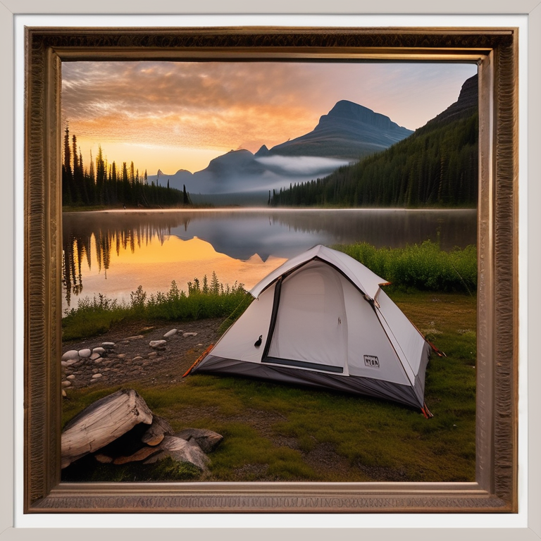 A white tent rests on a quiet dirt campsite in Glacier National Park. A clear stream winds past the campfire and scattered logs, while a backpack sits nearby. Soft golden light shines through the fog, with large rocks and wild nature all around.