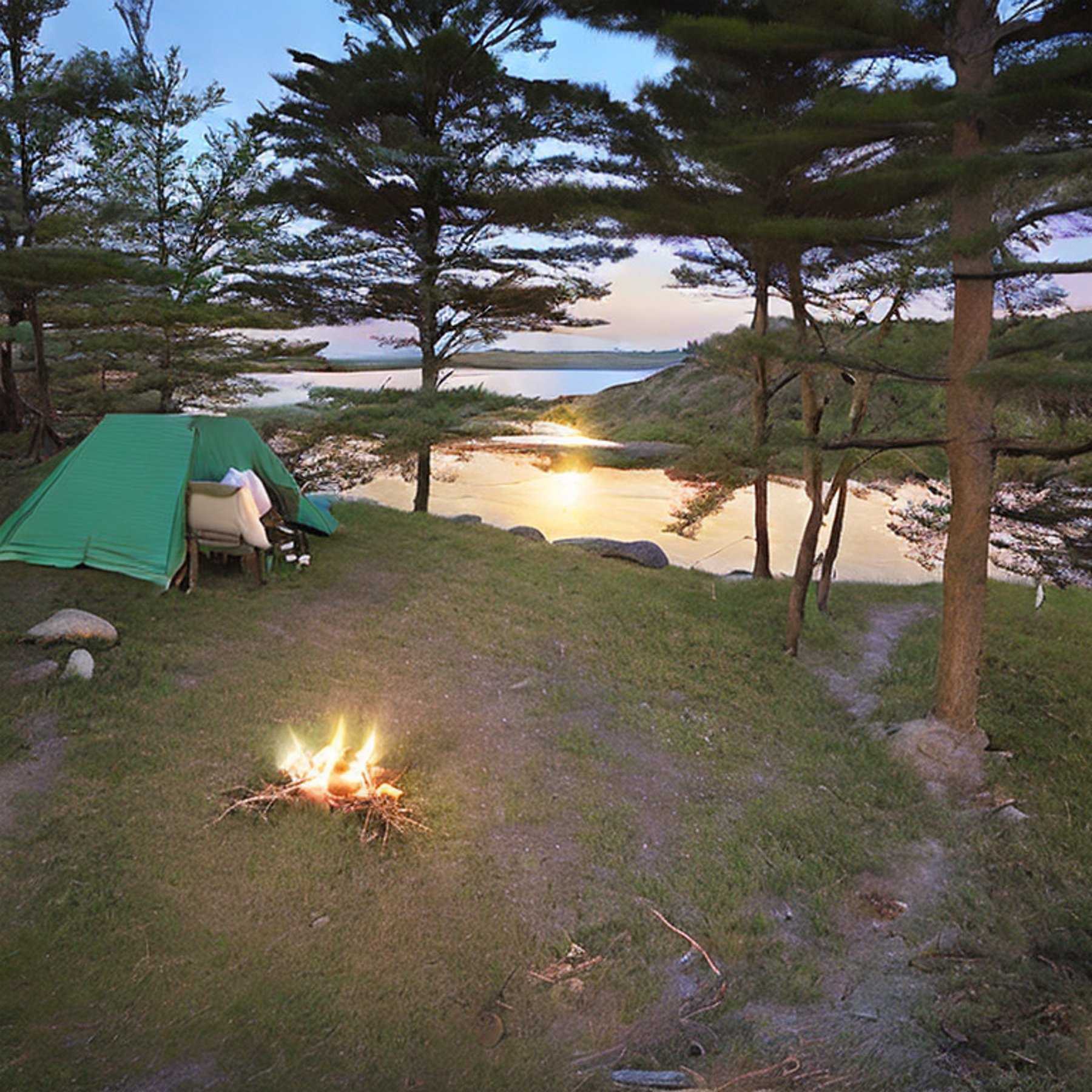 A green tent rests beside a warm campfire on the rocky coast of Maine. Overgrown grass, large boulders, and a clothesline make the campsite feel wild and homey. In the distance, a person’s flashlight glows as dusk settles in.