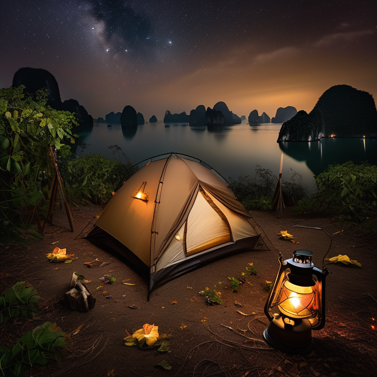 A cozy brown tent rests beside a glowing campfire in Halong Bay, Vietnam. Stars shine through the cloudy night sky, while flowers, leaves, and a small lantern surround the dirt campsite.