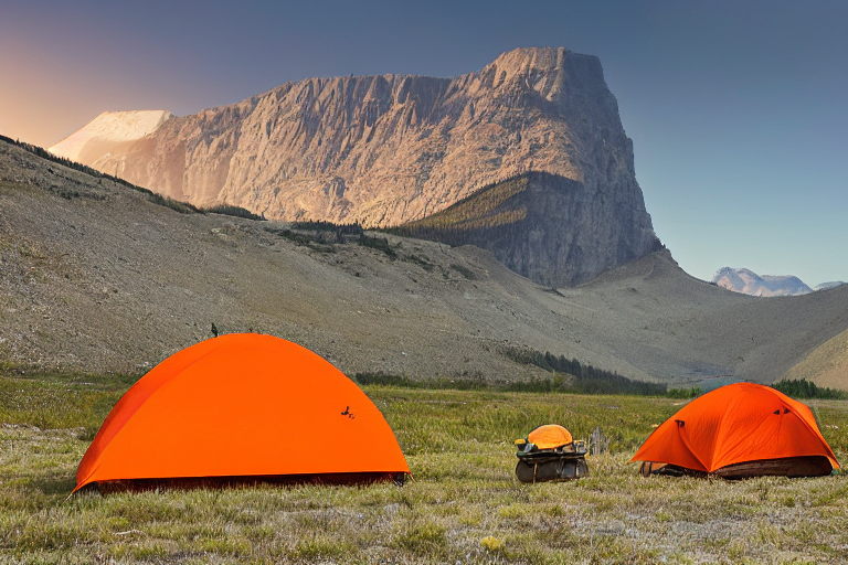 An orange tent sits on a quiet dirt campsite beneath the Montana night sky. A warm campfire glows beside the tent, with logs and a backpack nearby. Mountains rise in the distance, while a car rests at the edge of camp.