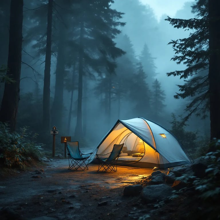 A white two-person tent rests in a misty rainforest on a quiet morning. Camping chairs sit nearby, while a trail marker guides the way. A soft flashlight glows inside the tent, adding warmth to the cool, damp air.