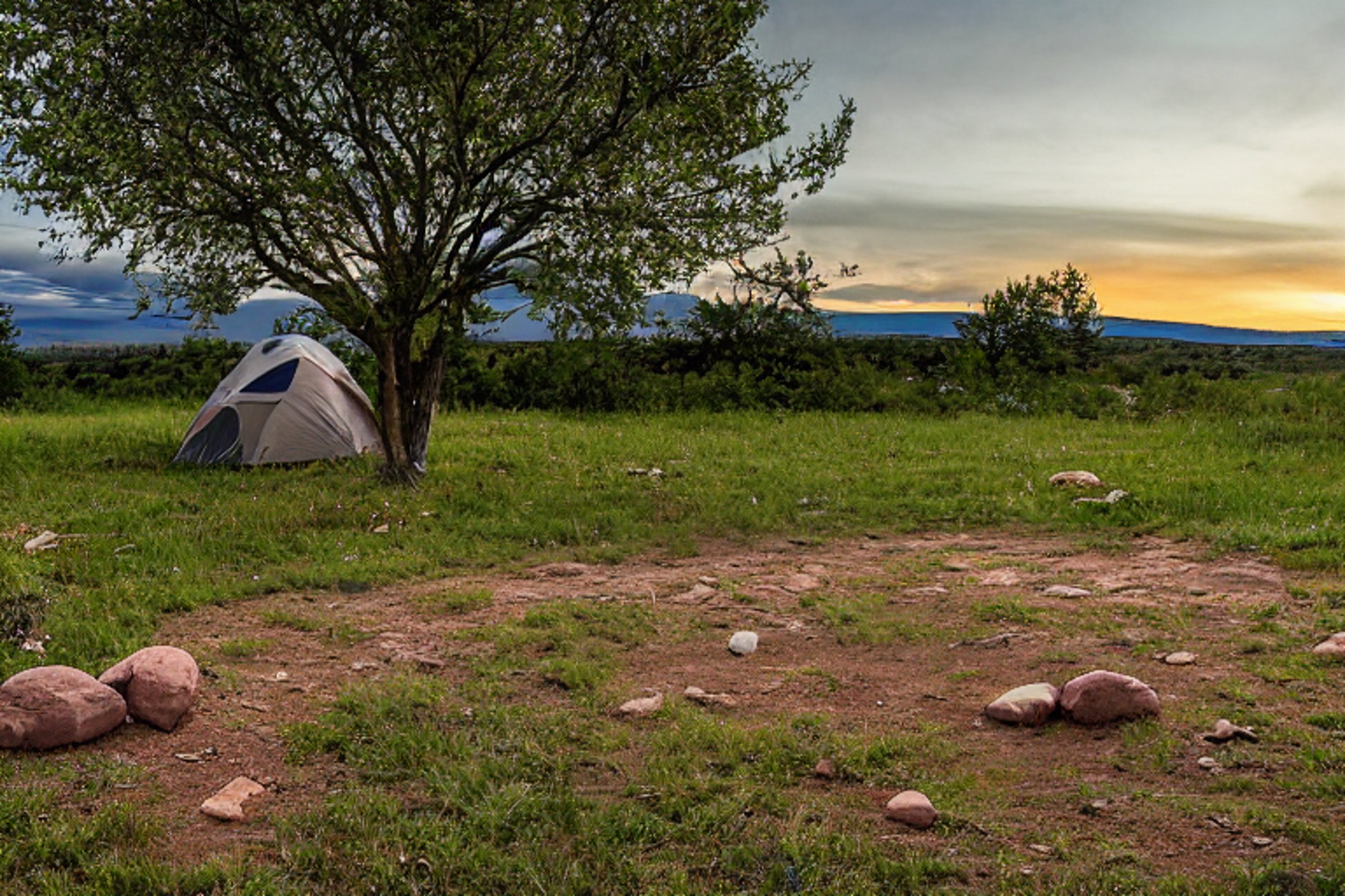 A green tent rests on a paved campsite in Capitol Reef National Park. Tall grass, scattered stones, and a backpack surround a small dirt patch. Rainy sunset light gives the scene a calm, wild feeling.
