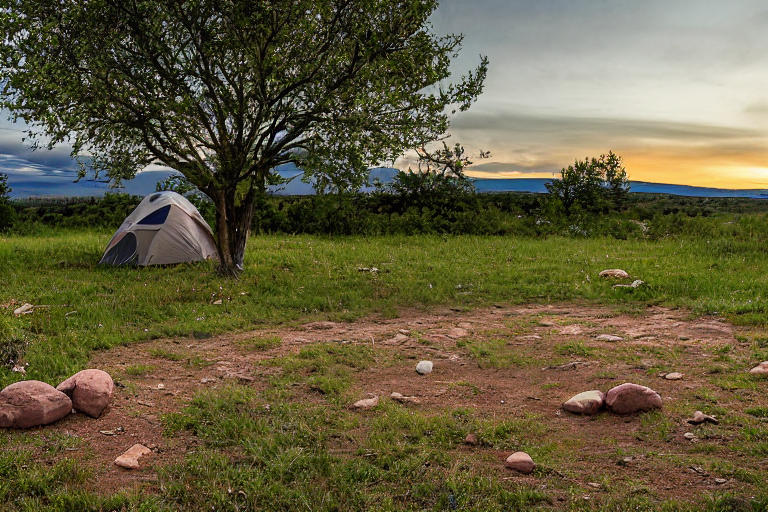 A green tent rests on a paved campsite in Capitol Reef National Park. Tall grass, scattered stones, and a backpack surround a small dirt patch. Rainy sunset light gives the scene a calm, wild feeling.