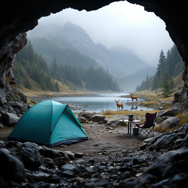 A bright turquoise tent rests beside a calm river under a cloudy sky. Near the picnic table, a camping chair and small stove await the next meal. From the cave entrance, a deer can be seen standing among the boulders in the distance.